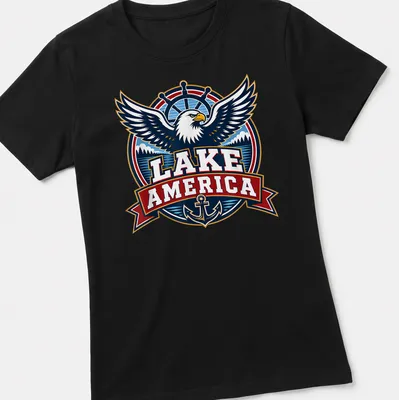 Vintage emblem t-shirt featuring an eagle and the text Lake America — printed on a women's shirt