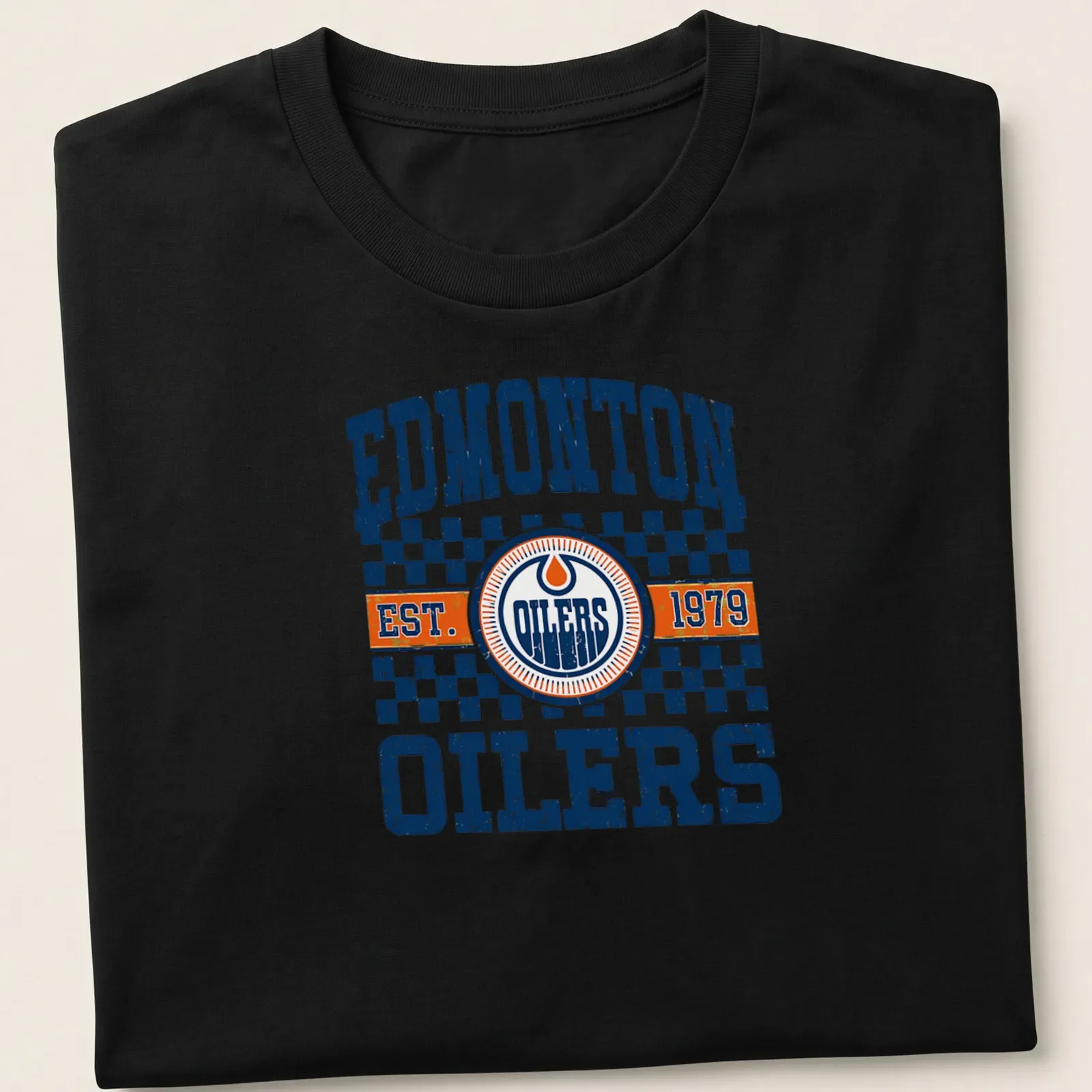 Edmonton Oilers established 1979 t-shirt in retro distressed style — printed on a unisex t-shirt