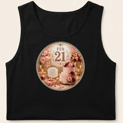 Luxurious T-shirt with a birthday cake, flowers, and balloons, celebrating personal milestones. — printed on a tank top