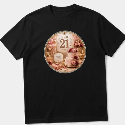 Luxurious T-shirt with a birthday cake, flowers, and balloons, celebrating personal milestones.