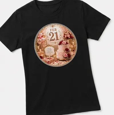 Luxurious T-shirt with a birthday cake, flowers, and balloons, celebrating personal milestones. — printed on a women's shirt