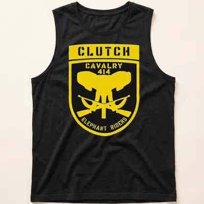 Elephant graphic with text in an emblem style on yellow and black — printed on a tank top