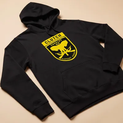 Elephant graphic with text in an emblem style on yellow and black — printed on a unisex hoodie