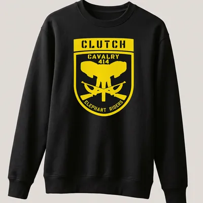 Elephant graphic with text in an emblem style on yellow and black — printed on a unisex sweatshirt