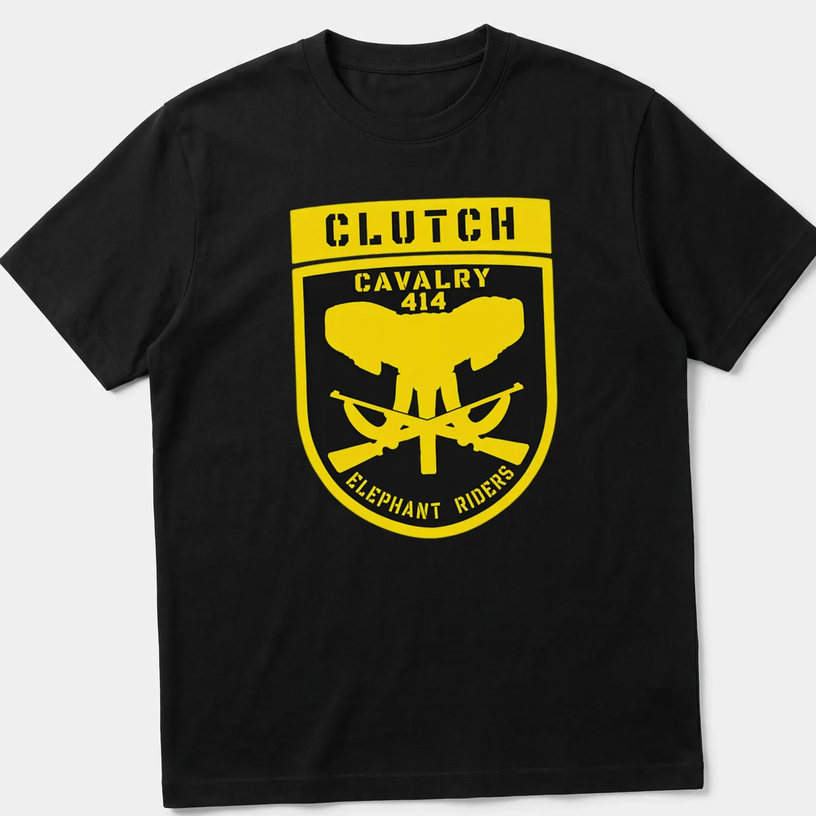 Elephant graphic with text in an emblem style on yellow and black — printed on a unisex t-shirt
