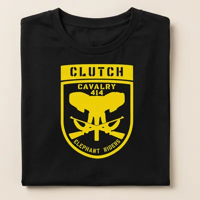 Elephant graphic with text in an emblem style on yellow and black — printed on a women's shirt