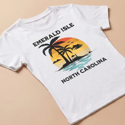 Illustration of lush green hills and sparkling waters representing Ireland — printed on a women's shirt