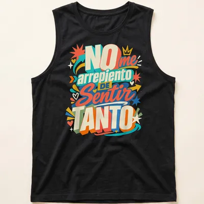 Colorful modern typography design on an Emotional Latina theme — printed on a tank top