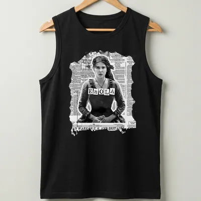 Vintage newspaper style Enola Holmes graphic with black and gray colors — printed on a tank top