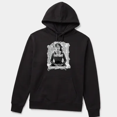 Vintage newspaper style Enola Holmes graphic with black and gray colors — printed on a unisex hoodie