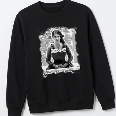 Vintage newspaper style Enola Holmes graphic with black and gray colors — printed on a unisex sweatshirt
