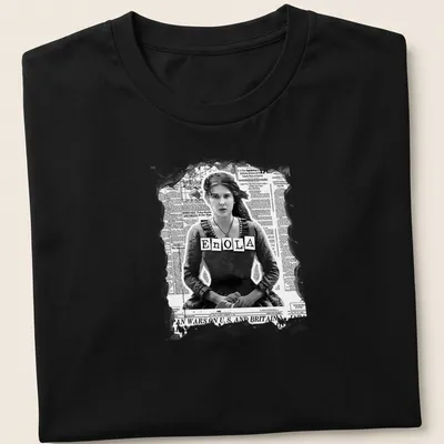 Vintage newspaper style Enola Holmes graphic with black and gray colors