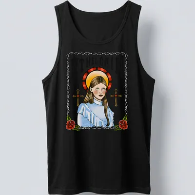 Illustrative design featuring Ethel Cain surrounded by roses in colorful detail — printed on a tank top