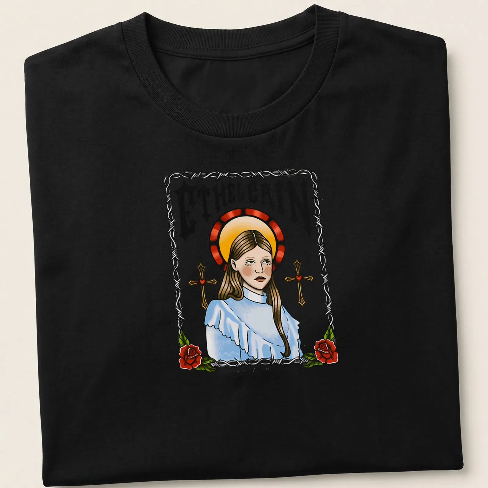 Illustrative design featuring Ethel Cain surrounded by roses in colorful detail — printed on a unisex t-shirt