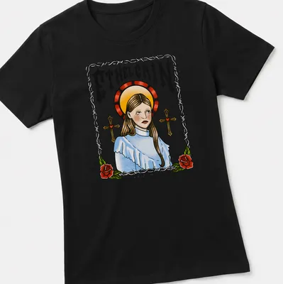 Illustrative design featuring Ethel Cain surrounded by roses in colorful detail — printed on a women's shirt