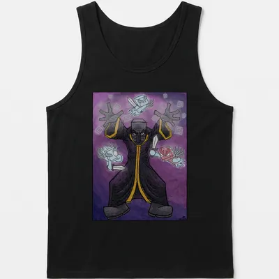 Cartoon Evoker casting spells with colorful details on — printed on a tank top