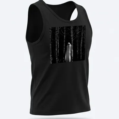 Gothic horror graphic of a faceless ghost in a dark forest in black and white — printed on a tank top