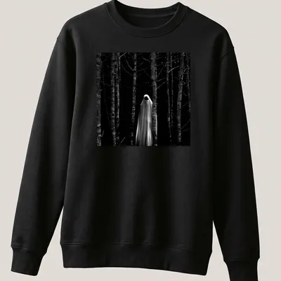 Gothic horror graphic of a faceless ghost in a dark forest in black and white — printed on a unisex sweatshirt