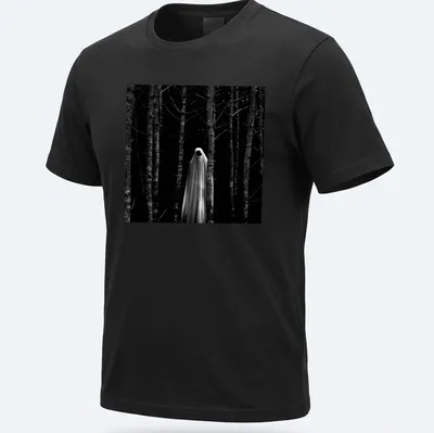 Gothic horror graphic of a faceless ghost in a dark forest in black and white