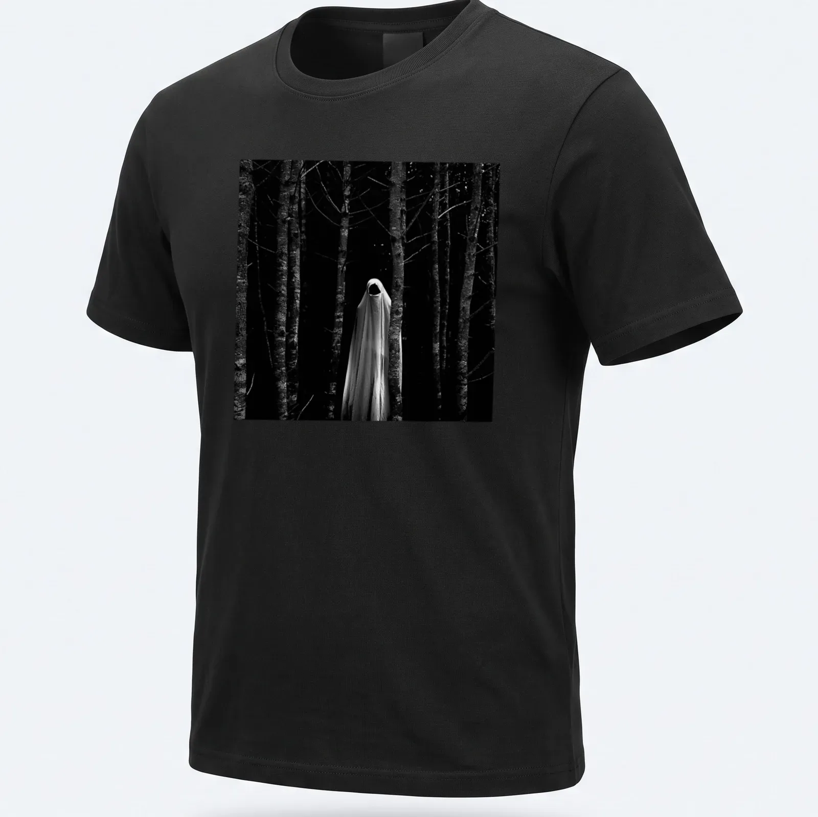 Gothic horror graphic of a faceless ghost in a dark forest in black and white — printed on a unisex t-shirt