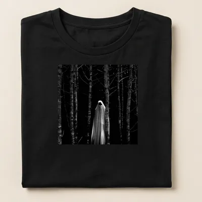 Gothic horror graphic of a faceless ghost in a dark forest in black and white — printed on a women's shirt
