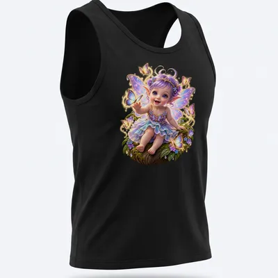 Illustration of a fairy baby surrounded by butterflies in a whimsical style. — printed on a tank top