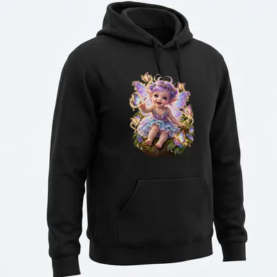 Illustration of a fairy baby surrounded by butterflies in a whimsical style. — printed on a unisex hoodie