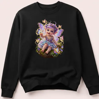Illustration of a fairy baby surrounded by butterflies in a whimsical style. — printed on a unisex sweatshirt