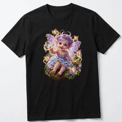 Illustration of a fairy baby surrounded by butterflies in a whimsical style.