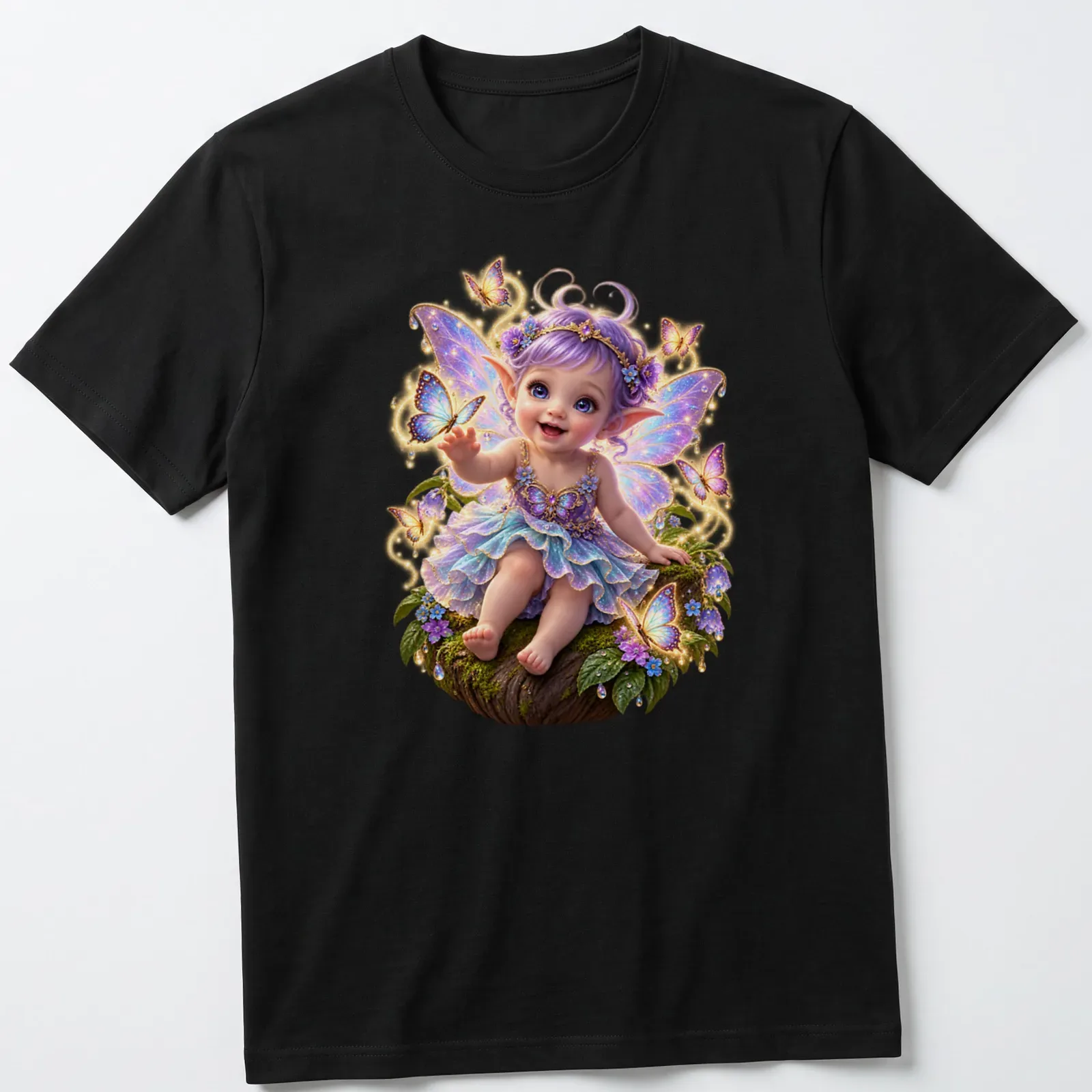 Illustration of a fairy baby surrounded by butterflies in a whimsical style. — printed on a unisex t-shirt