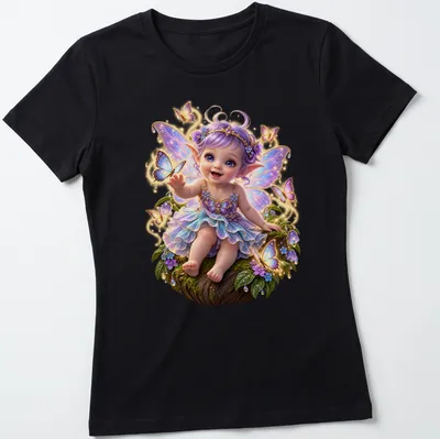 Illustration of a fairy baby surrounded by butterflies in a whimsical style. — printed on a women's shirt