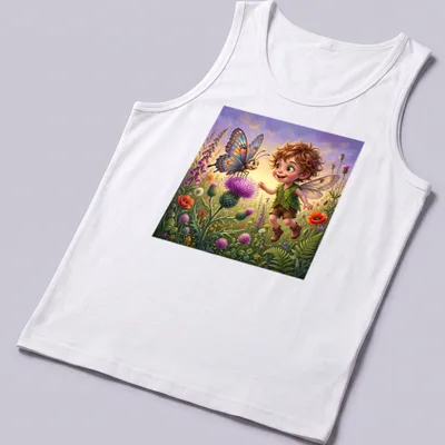 Whimsical illustration of a fairy boy with a butterfly in a colorful meadow — printed on a tank top
