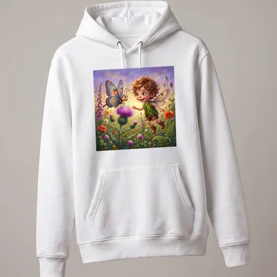 Whimsical illustration of a fairy boy with a butterfly in a colorful meadow — printed on a unisex hoodie