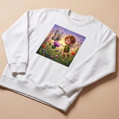 Whimsical illustration of a fairy boy with a butterfly in a colorful meadow — printed on a unisex sweatshirt