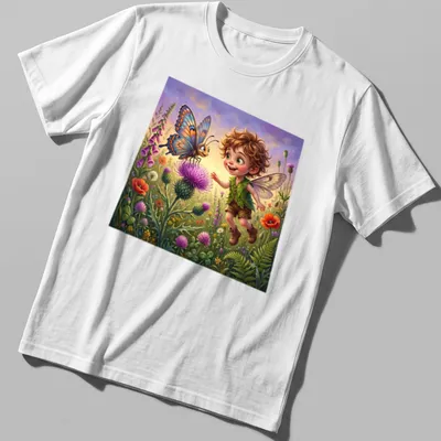 Whimsical illustration of a fairy boy with a butterfly in a colorful meadow