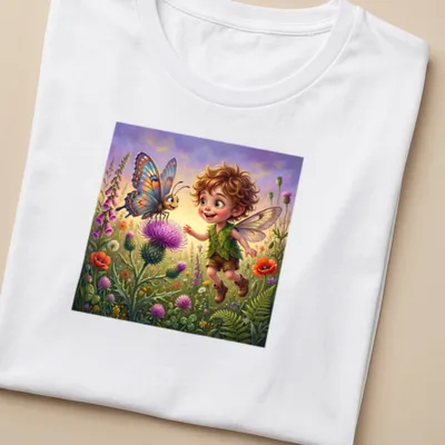 Whimsical illustration of a fairy boy with a butterfly in a colorful meadow — printed on a women's shirt