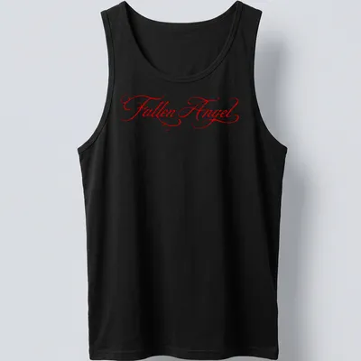 Elegant script Fallen Angel t-shirt design in red — printed on a tank top