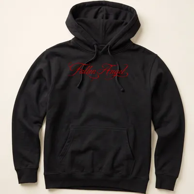 Elegant script Fallen Angel t-shirt design in red — printed on a unisex hoodie