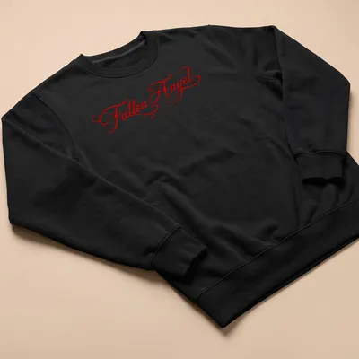 Elegant script Fallen Angel t-shirt design in red — printed on a unisex sweatshirt