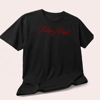 Elegant script Fallen Angel t-shirt design in red — printed on a unisex t-shirt (angled view)