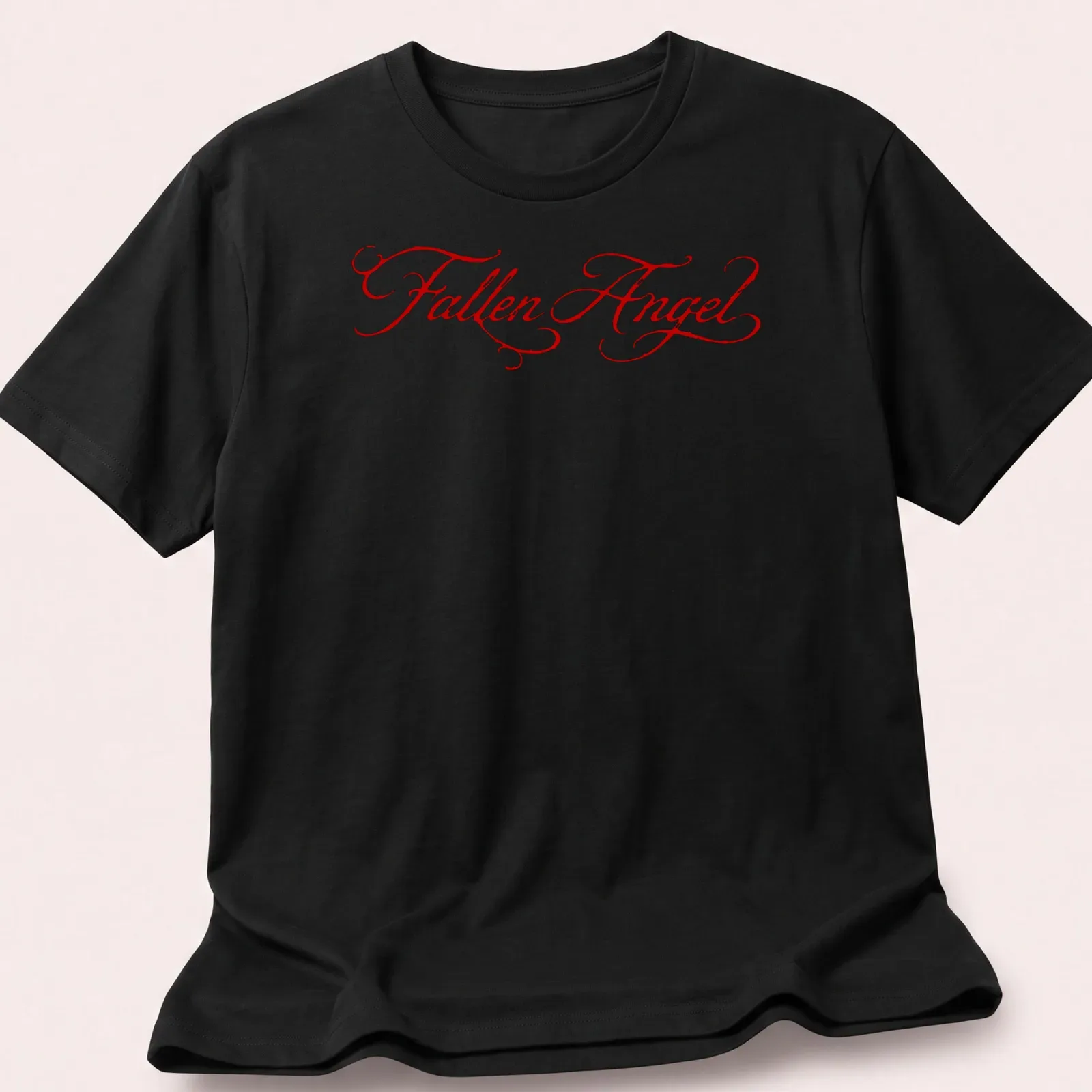 Elegant script Fallen Angel t-shirt design in red — printed on a unisex t-shirt