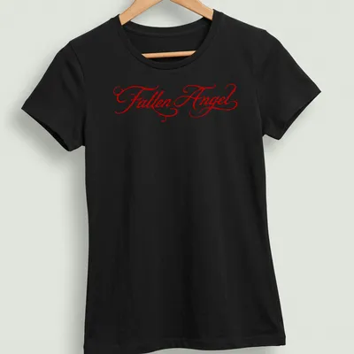 Elegant script Fallen Angel t-shirt design in red — printed on a women's shirt