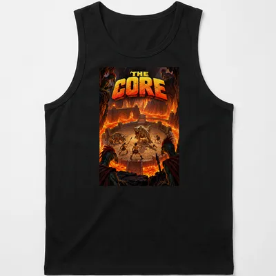 Epic fantasy scene of dinosaurs and warriors battling in lava with the text 'The Core' — printed on a tank top