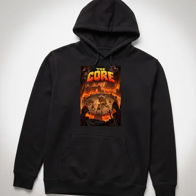Epic fantasy scene of dinosaurs and warriors battling in lava with the text 'The Core' — printed on a unisex hoodie
