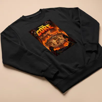 Epic fantasy scene of dinosaurs and warriors battling in lava with the text 'The Core' — printed on a unisex sweatshirt