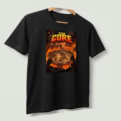 Epic fantasy scene of dinosaurs and warriors battling in lava with the text 'The Core' — printed on a unisex t-shirt (angled view)