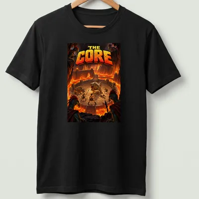 Epic fantasy scene of dinosaurs and warriors battling in lava with the text 'The Core'