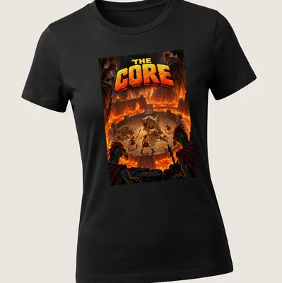 Epic fantasy scene of dinosaurs and warriors battling in lava with the text 'The Core' — printed on a women's shirt