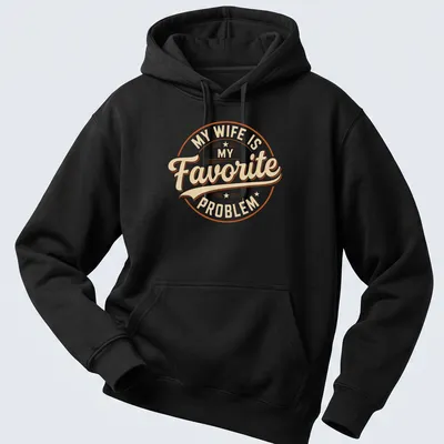 Vintage circular t-shirt with humorous text about favorite wife problem in beige, brown, and orange — printed on a unisex hoodie