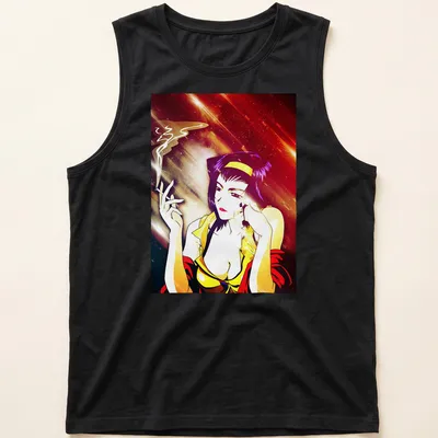 Vibrant anime print of Faye Valentine smoking in purple, yellow, and red. — printed on a tank top